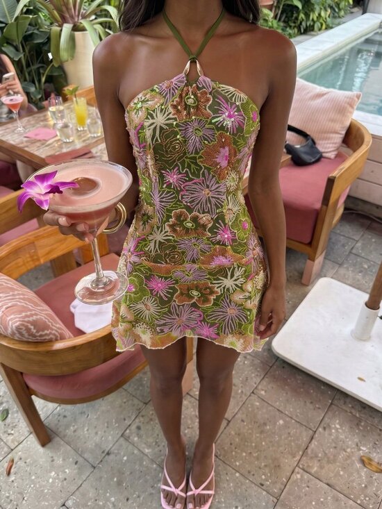 Dresses & Skirts - Green Casual Women's Halter Neck Asymmetrical Hem Sequin Mini Sundress